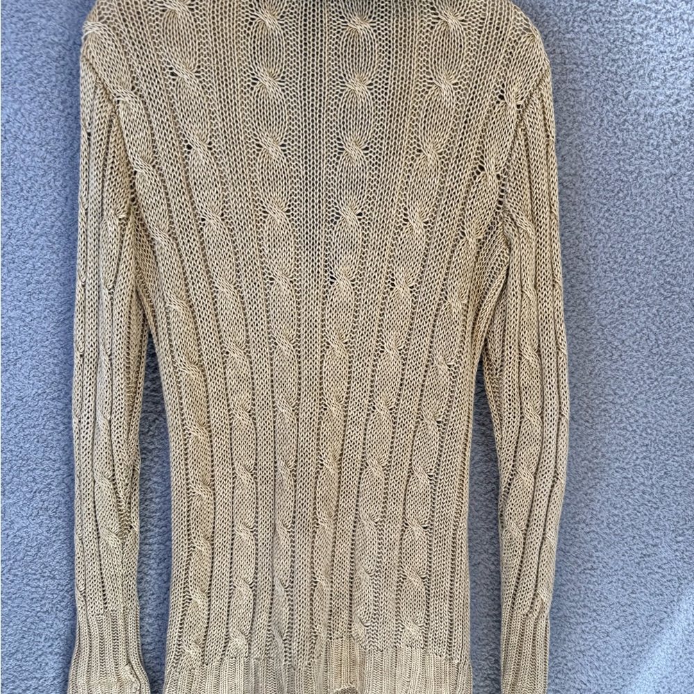 Ralph Lauren Women's Beige Cable Knit linen and suede equestrian Cardigan - Picture 2 of 9